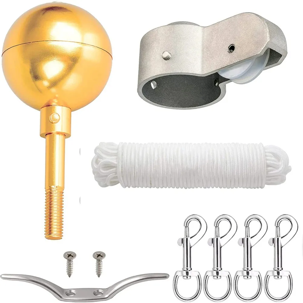 Aluminum Alloy Flag Pole Tool Set Nylon Braided Rope 3 Inch Golden Ball Flag Pole Hardware Repair Kit Metal Clips Upgrade