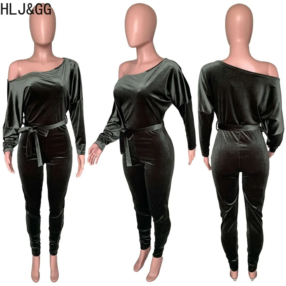 HLJ&GG Fashion One Shoulder Long Sleeve Bodycon Jumpsuits Women Velvet Lace Up Skinny Pants One Piece Playsuits Female Overalls