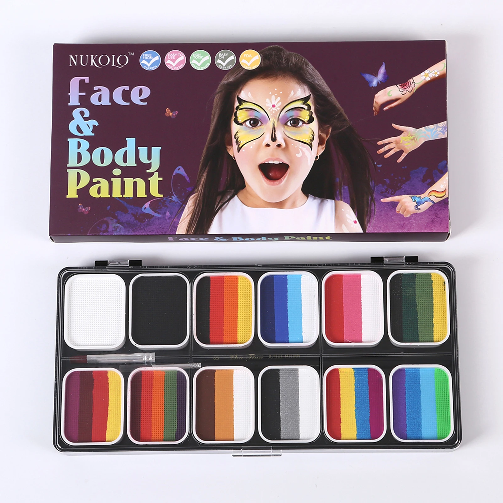 Paint Palette Set 12 Colors with 6 Paintbrushes for Professional Face Split Cakes
