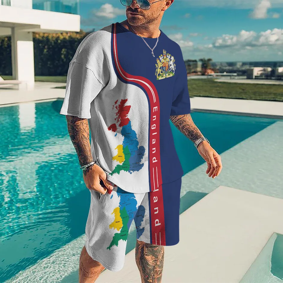 New summer men's sportswear men's logo clothing geometric print T-shirt + shorts suit men's