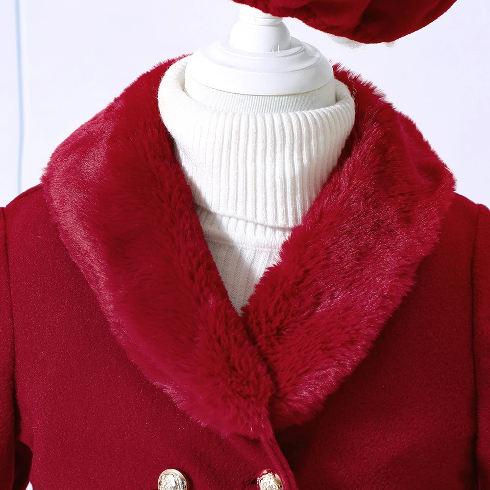 Girls' Autumn And Winter Patchwork Fur Collar Solid Color Fur Coat + Beret