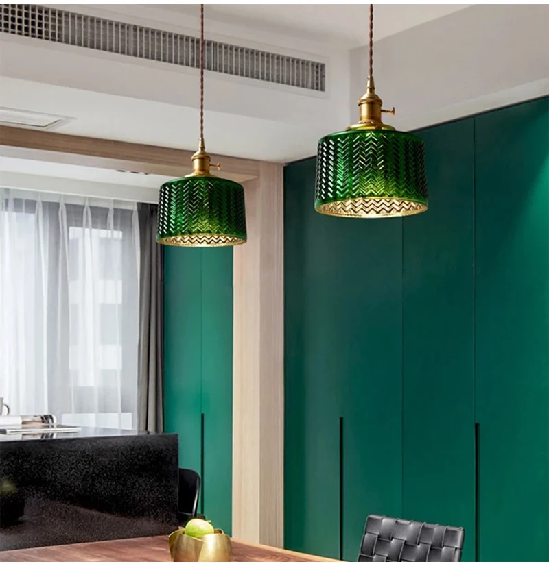 Copper Glass Suspension pendant Lamp for Dining Room Foyer Bedside Apartment Nordic Green Pendant Light LED Hanging Lamp Ceiling