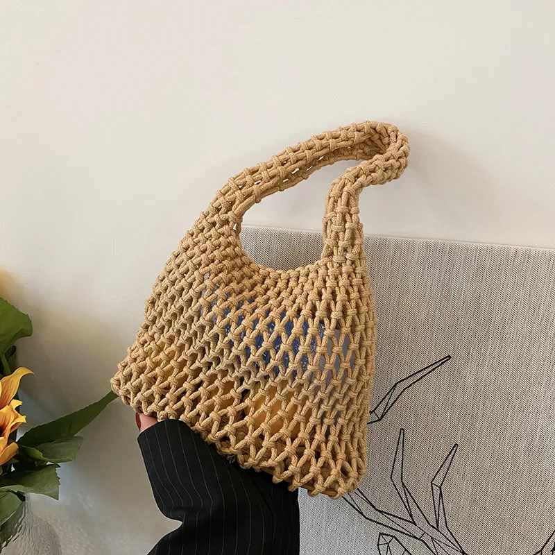 Summer Popular Beach Bag For Women Women Mesh Rope Weaving Reticulate Hollow Straw Bag Net Ladies Shoulder Bags Fashion Handbag