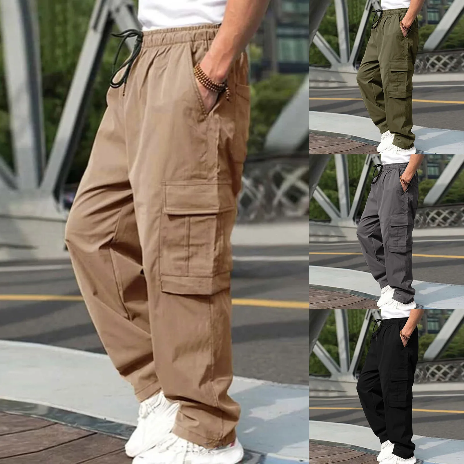 Men Summer Cargo Pants Elastic Waist Zip Pocket