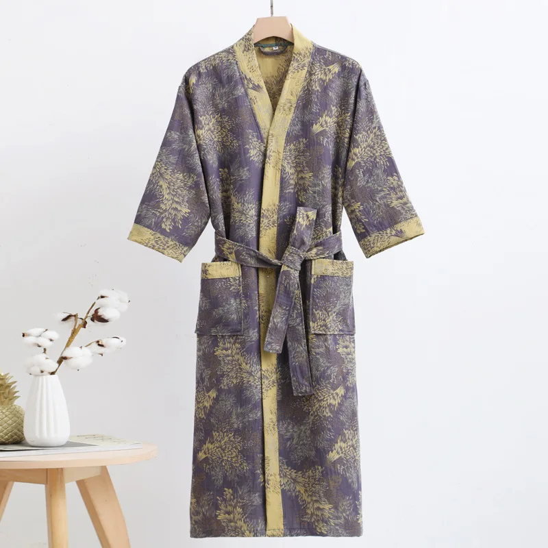 

Men's Bathrobe Cotton Muslim Fashion Long Three Quarter Sleeve Pocket Sleepwear with Sash Pajamas Robe Large Size