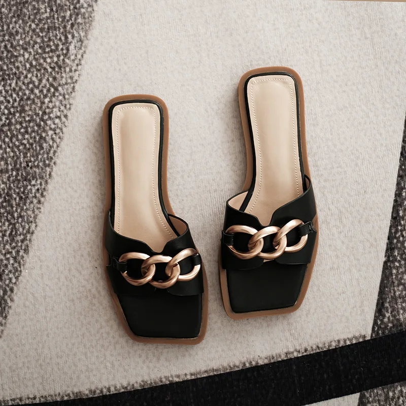 Slippers female summer outside wear metal buckle chain flat beach sandals AF52