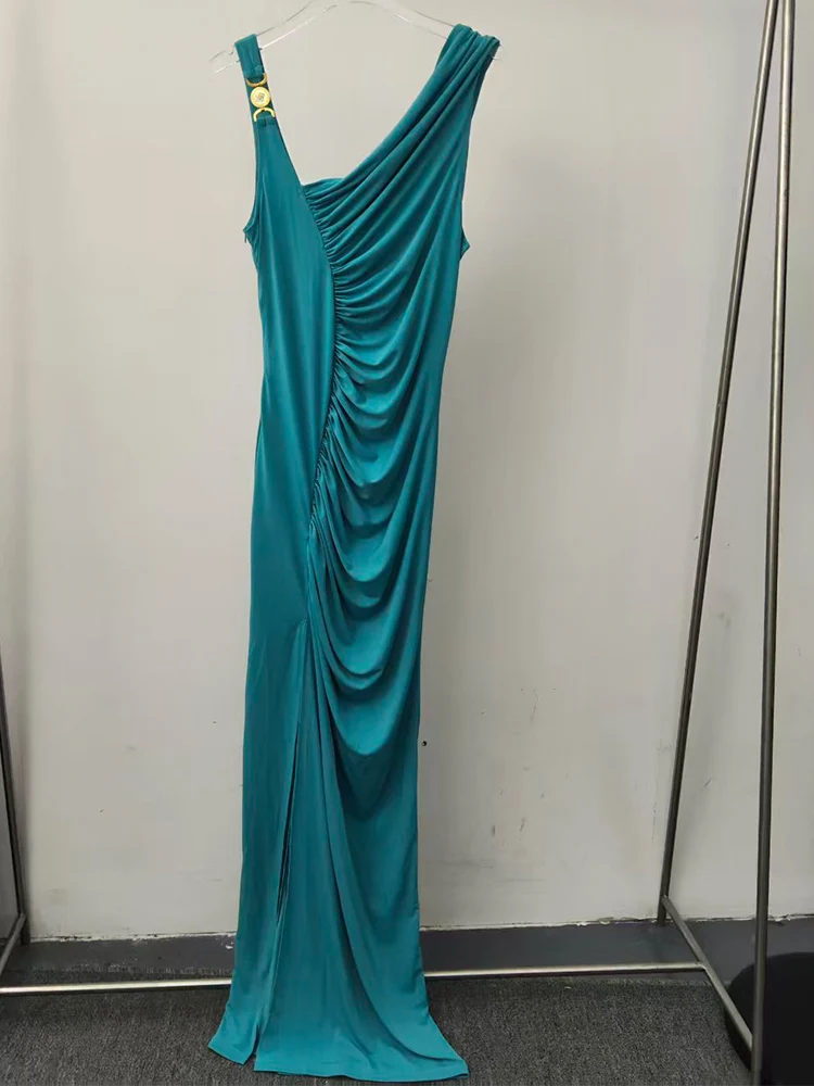 فستان حرير طويل مطوي بكتف واحد