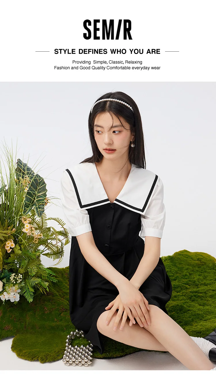 Dress Lapel College Style Short Skirt Playful Sweet Autumn Easy-to-Care Patchwork Little Black Dress