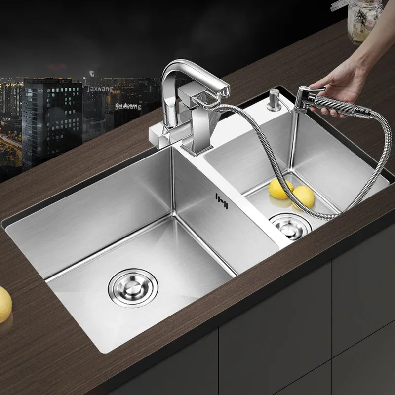 Stainless Steel Rectangular Kitchen Sink Home Improvement Brushed Double Bowls Kitchen Fixture Washing Fruit Undermount Basin AA