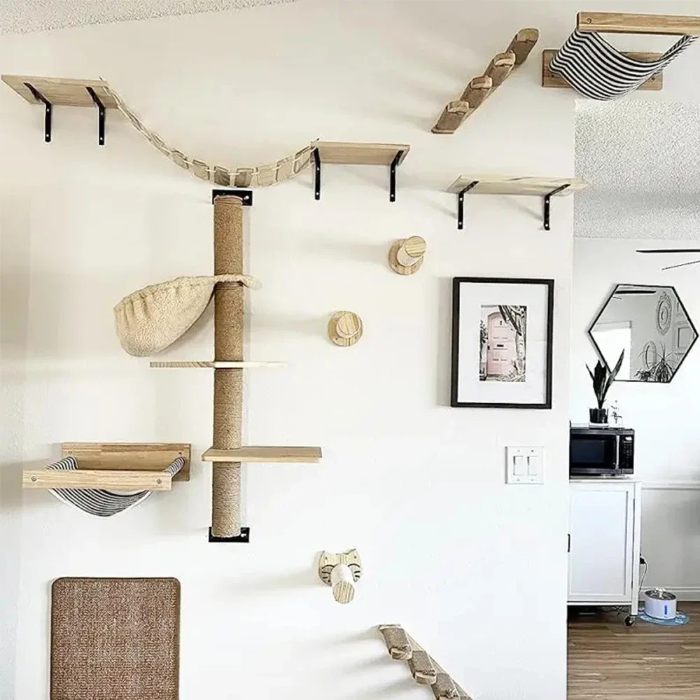 Deluxe Wall-Mounted Cat Activity Center with Climbing Ladder, Hammock, and Sisal Post