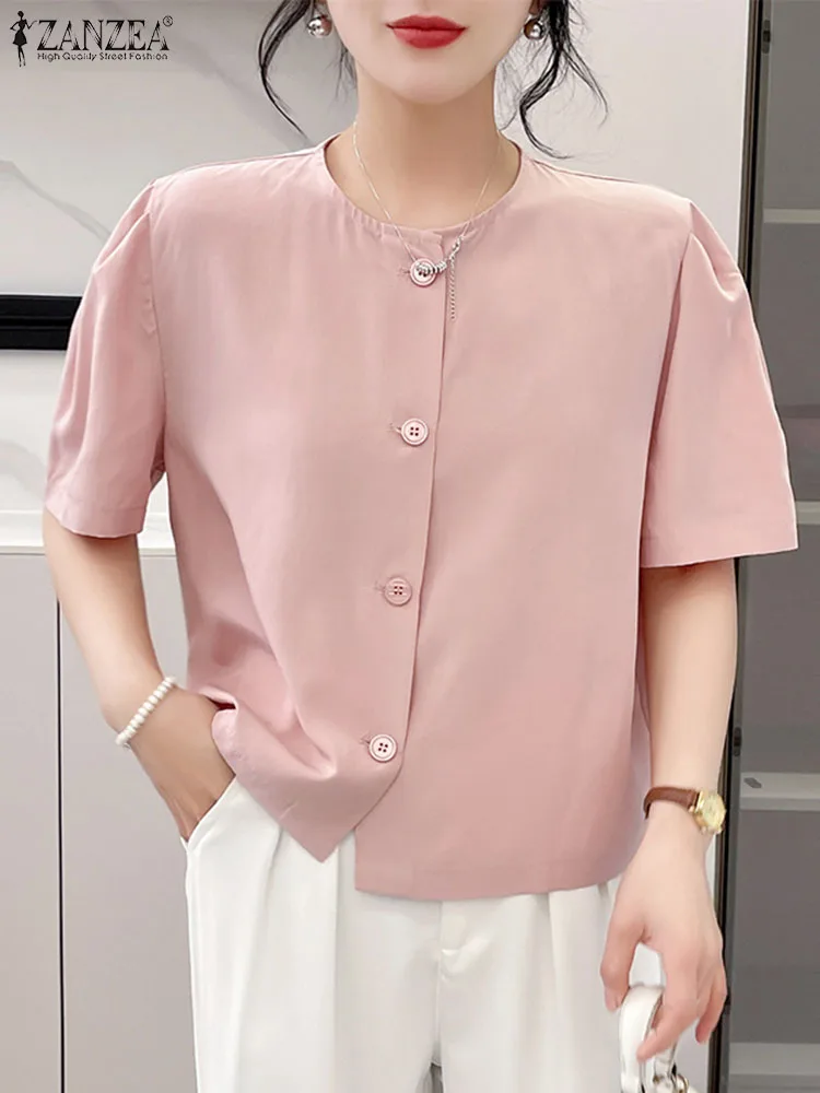 

Summer Korean Fashion Blouse Elegant Women O Neck Short Sleeve Tops 2023 ZANZEA Casual Buttons Down Blusas Work Shirt Chemise