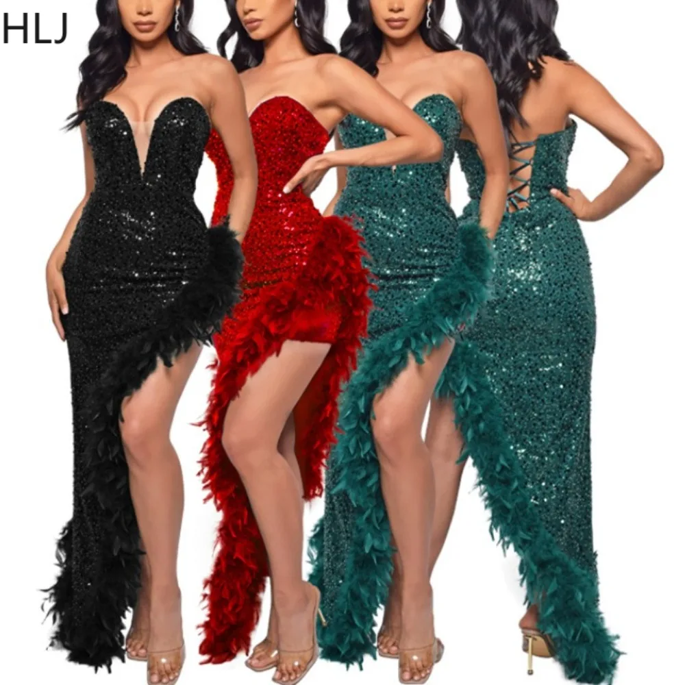 

HLJ Fashion Deep V Sequin Feather Splicing High Slit Evening Party Dresses Women Sleeveless Backless Bodycon Dress Sexy Vestidos