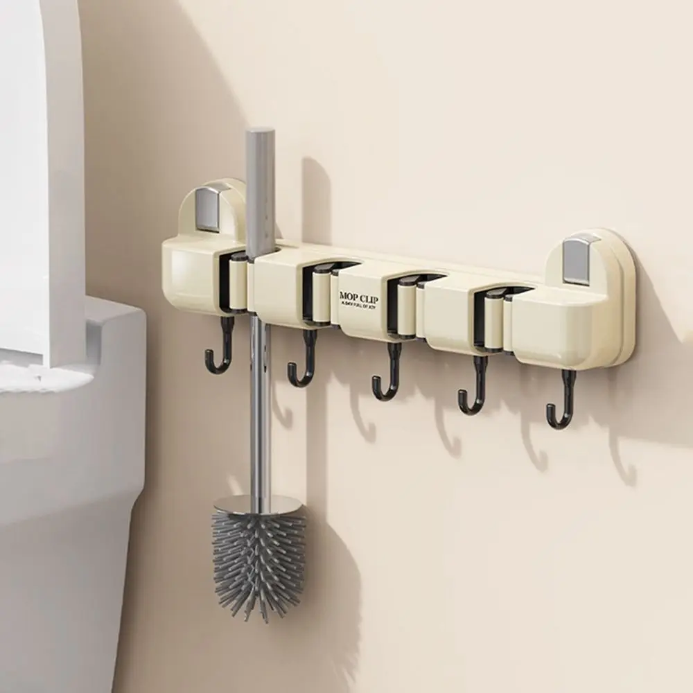 Practical Plastic Suction Cup Mop Clamp Non Punching 4 Position Mop Holder with Hook Space Saving Broom Hanger Bathroom