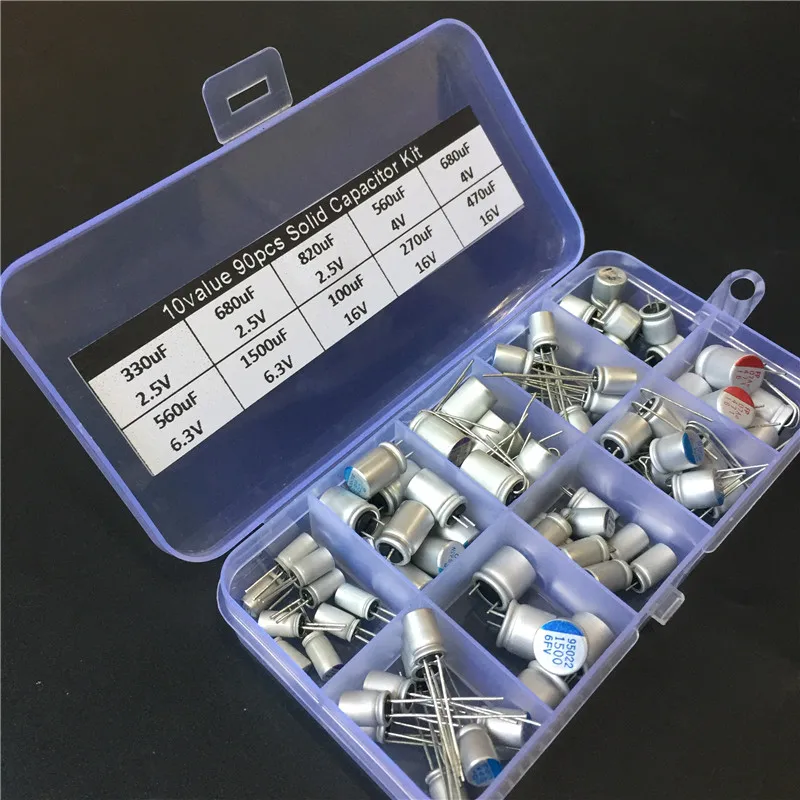 10values 90pcs solid capacitor assorted kit 2.5V/4V/6.3V/16V 100uF 270uF 330uF 470uF 560uF 680uF 1500uF With free storage box Solid Capacitor