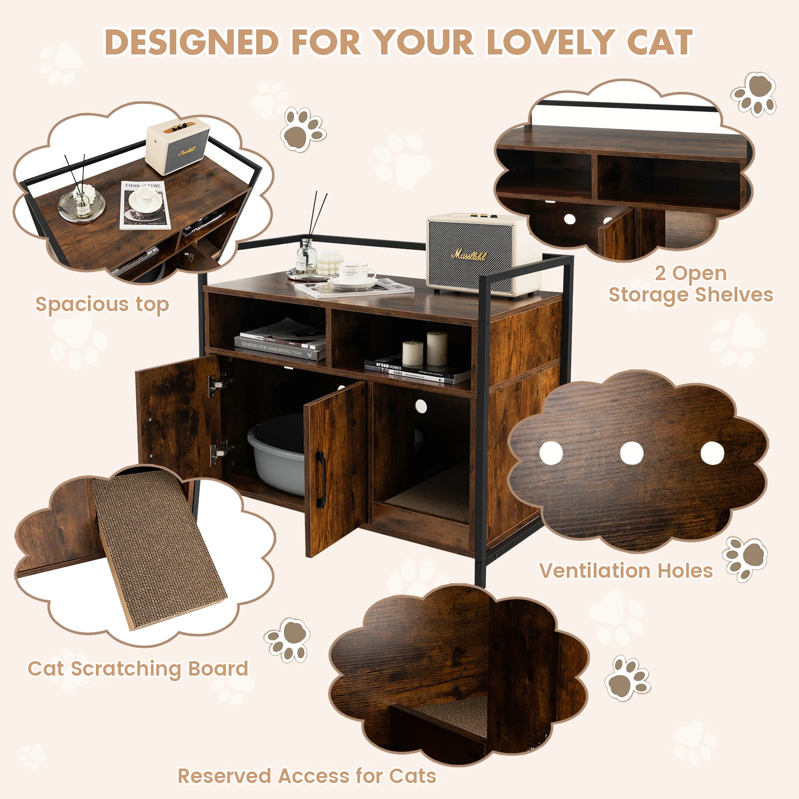 Large Litter Box Enclosure Cat Wooden Storage Cabinet with 2 Doors Coffee
