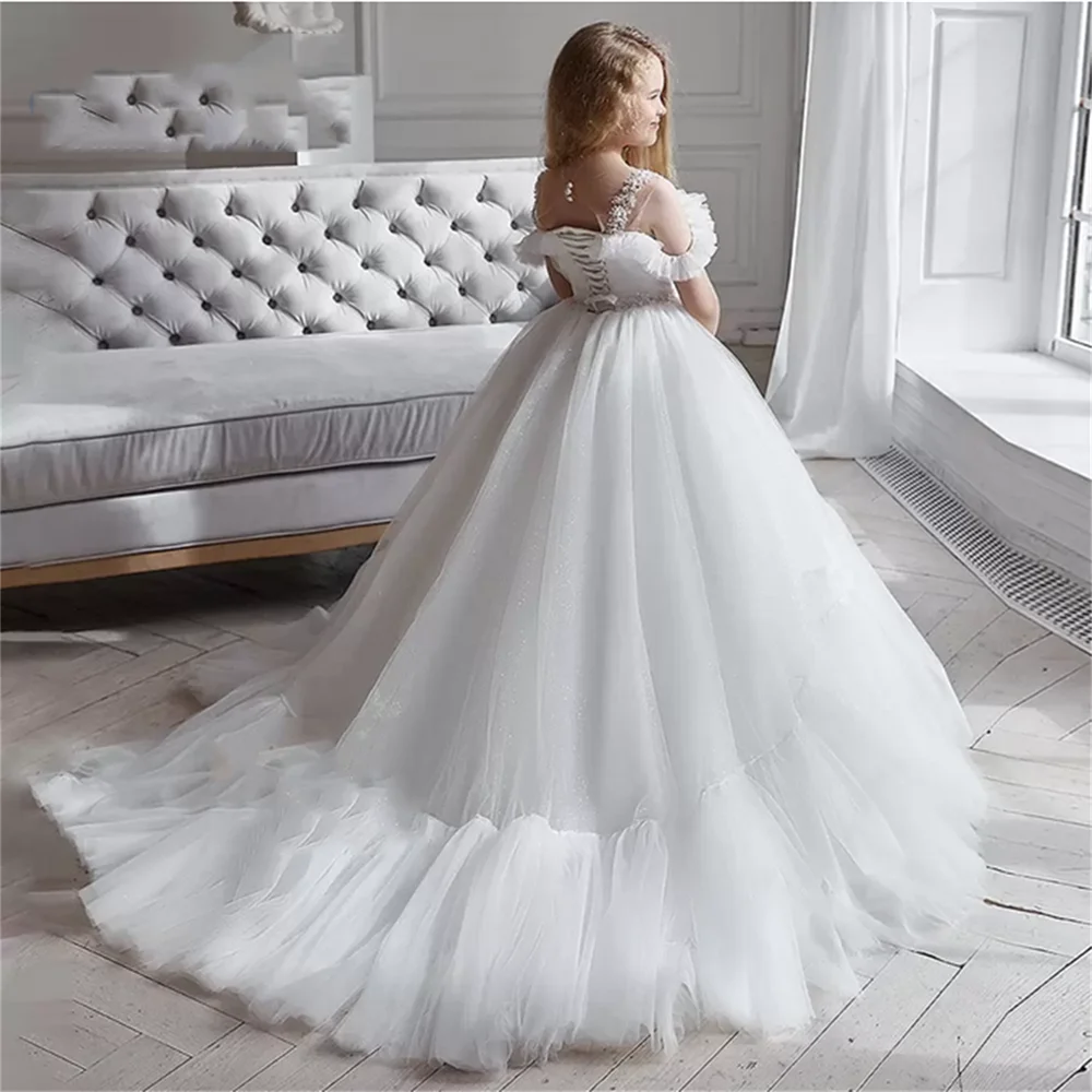 

White Flower Girls Dresses For Wedding Fashion Ruffles Beaded Crystal Sash Pageant Gowns Floor Length Kids Princess Birthday