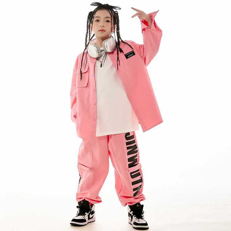 Girls Jazz Dance Costume Pink Long Sleeves Coat Pants Loose Hip Hop Suit Boys Street Dance Performance Wear Stage Clothes