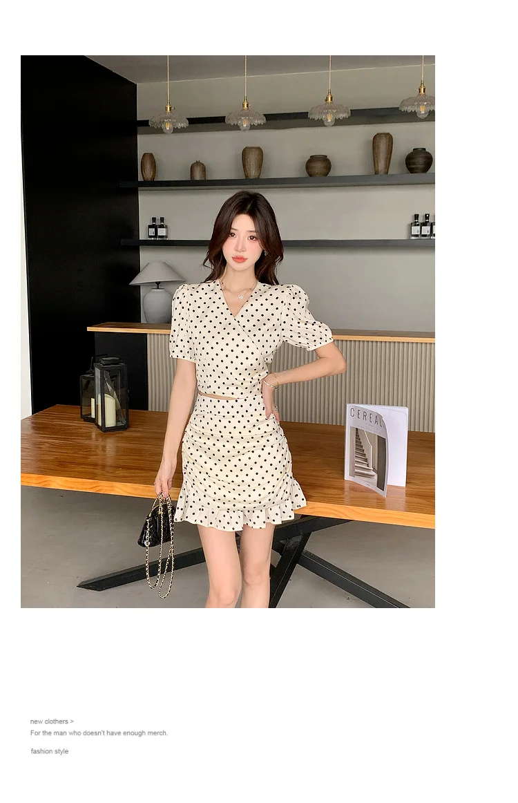 New Summer Two-piece Skirt Set Women Elegant Polka Dot V-neck Cropped Top Bodycon Short Skirt Y2K Sexy Korean Fashion Outfits