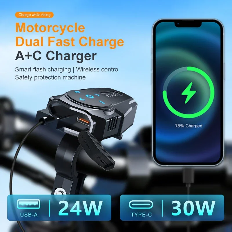 Waterproof Motorcycle USB-C Charger with Bluetooth Remote Controller