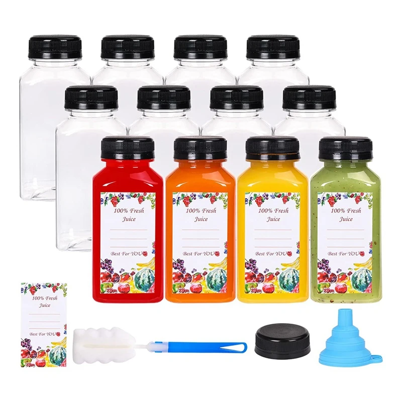 【Berserkk】12Pcs Plastic Juice Bottles With Tamper Evident Caps, Reusable Clear Juice Containers With Labels, Funnel And Brush