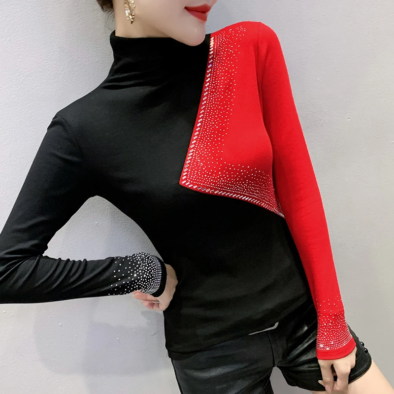 

Spring Fall Korean Style Color Blocking T-Shirt Chic Sexy Shiny Diamonds Women's Cotton Tops Long Sleeve Hot Drilling Tees 9004