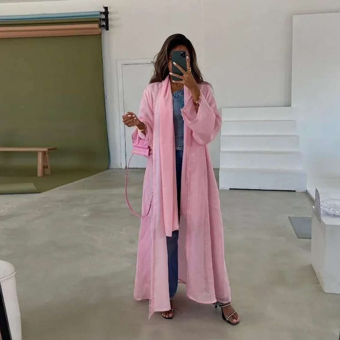 Solid Modest Casual Pink Tassel Open Kimono Abaya Muslim Ramadan Eid Dubai Women Clothing Jalabiyat Moroccan Caftan Abaya Dubai