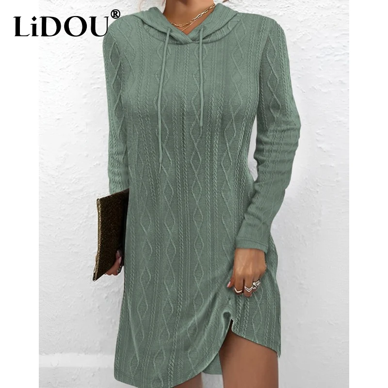 

2023 Spring Autumn New Solid Color Fashion Hooded Long Sleeve Vintage Dress Women Casual Slim Drawstring Jacquard Weave Dresse