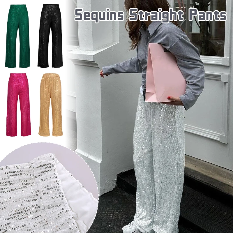 Woman Fashion Sequin Straight Pants Shiny Sequins Bling Pants  Lady High Waist Party Evening Outfits Streetwear Y2K Trousers national style winter wear jeans for women new trousers splicing beads sequin gauze mink fur thickened elastic straight jeans