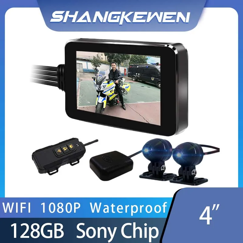4 Inch Motorcycle GPS WIFI 1080P Dashcam Touch Screen Dual Lens Camera