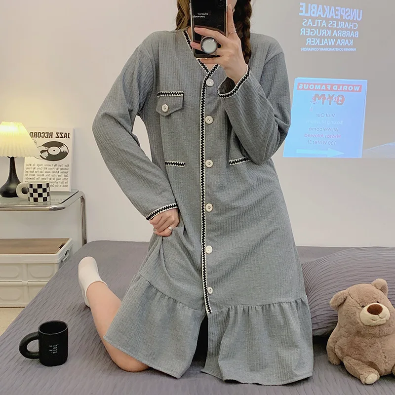 Foply Women Nightgowns 100% Cotton Nightdress Cute Sleepdress Solid Nightwear Long Sleeve Sleepwear Loose Soft V-Neck Homewear