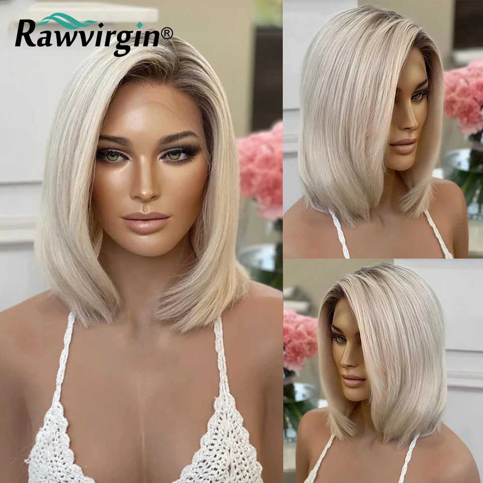 

Ash Blonde Dark Roots 13x4 Lace Front Wig Pre Plucked Straight Platinum Short Bob Branzilian Virgin Human Hair Wigs For Women