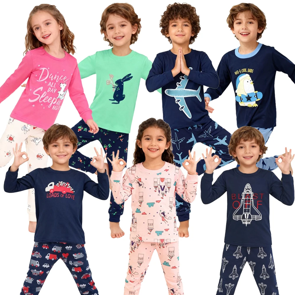 أطقم بيجامات ناعمة للأطفال بأكمام طويلة مع طائرة حيوانات على شكل قلب وأرنب بيجامات للأطفال الأولاد والبنات ملابس نوم للأطفال ليالي مريحة