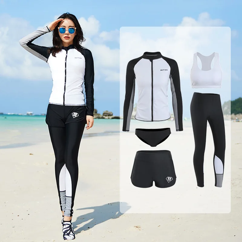 Rash Guard 3-5 Piece with Boy Shorts Long Sleeve Zipper Swimsuit Women Men