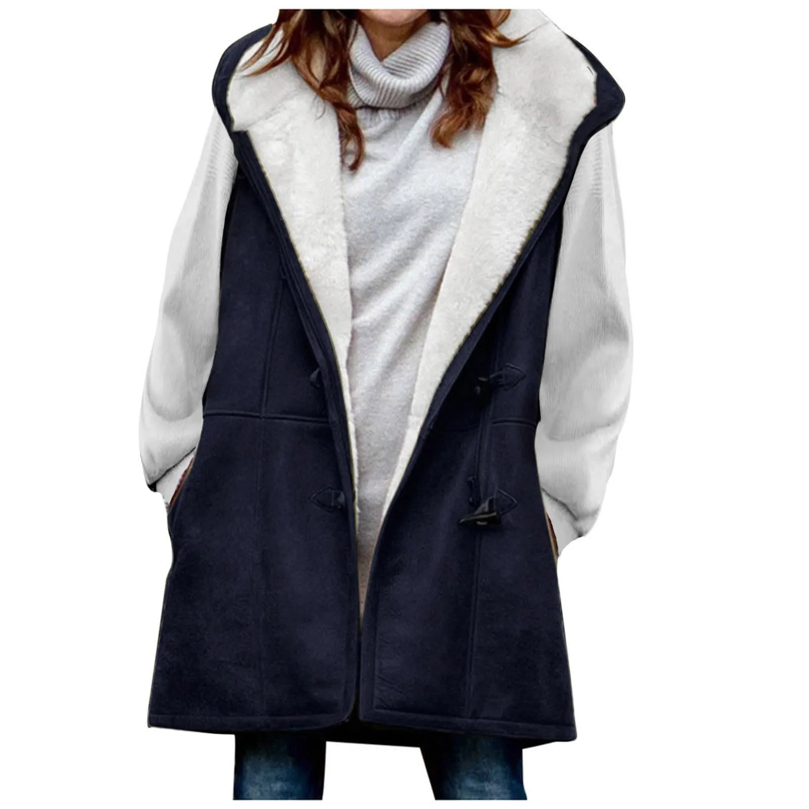 

Winter Vest For Women Warm Fleece Lined Distressed Hooded Double Breasted Faux Suede Sleeveless Outerwear Winter Coats For Wome