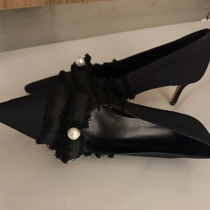 Bowknot Pearl Slingback Pointed Toe Stiletto Sandals Woman Summer Sexy Black Hollow High Heels Women's Shoes Luxury