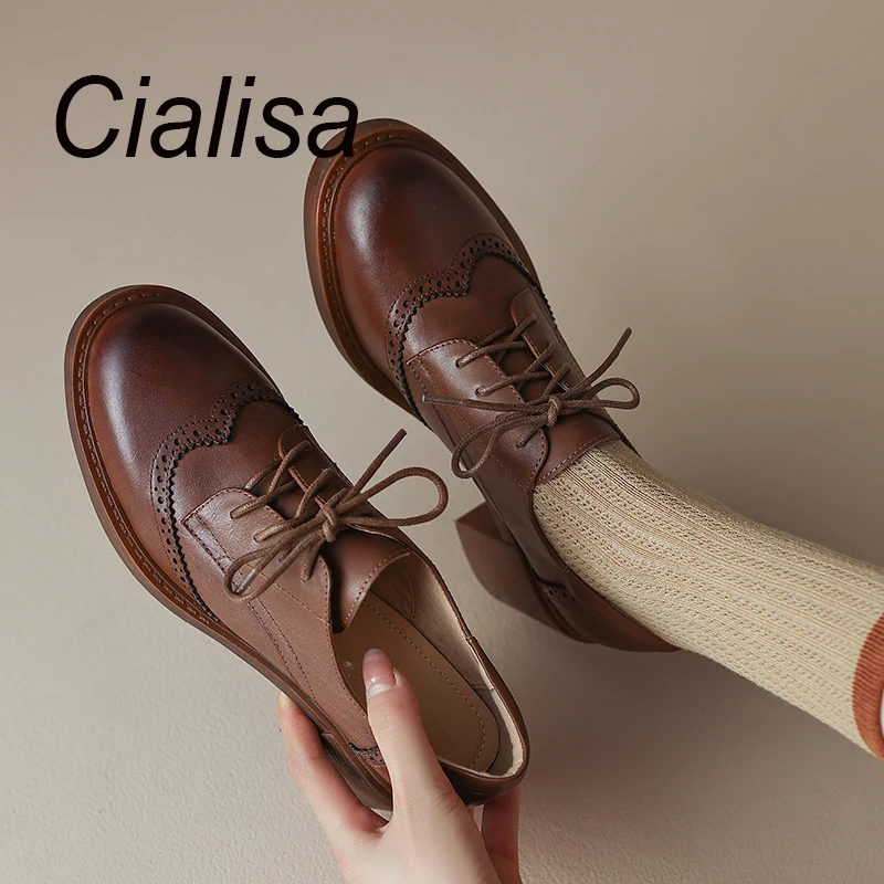 

Cialisa Vintage Shoes For Women 2023 Autumn Round Toe Real Leather Pumps Casual Handmade Mid Heel Ladies Footwear Brown Sizes 43