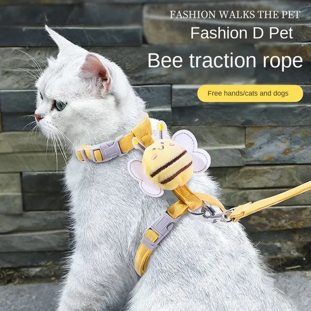 Cat Harness Leash Collar Set Adjustable Cartoon Bee Double Layer Dog Harness for Small Medium Pet Collar Leash Outdoor Walking Cat Harness Leash Collar Set Adjustable Cartoon Bee Double Layer Dog Harness for Small Medium Pet Collar Leash Outdoor Walking