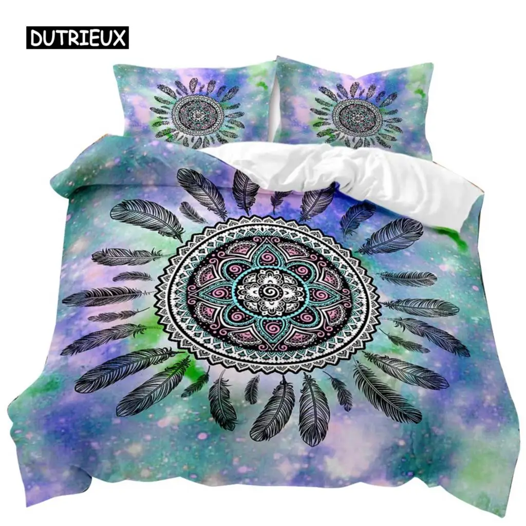 

Dream Catcher Duvet Cover Set Green Feathers Comforter Cover Green Stripes Bedding Set Indian Tribal Style Polyester Quilt Cover