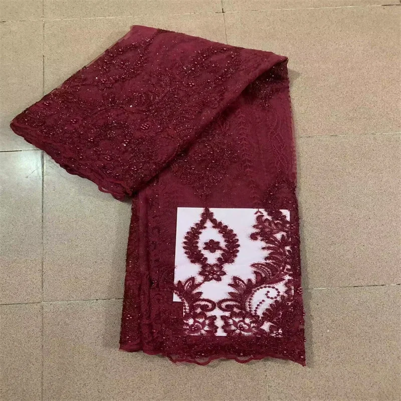 

5 Yards African Beads Lace Fabric 2024 Red High Quality Embroidery Nigerian French Tulle Lace Material For Wedding Dress Sew