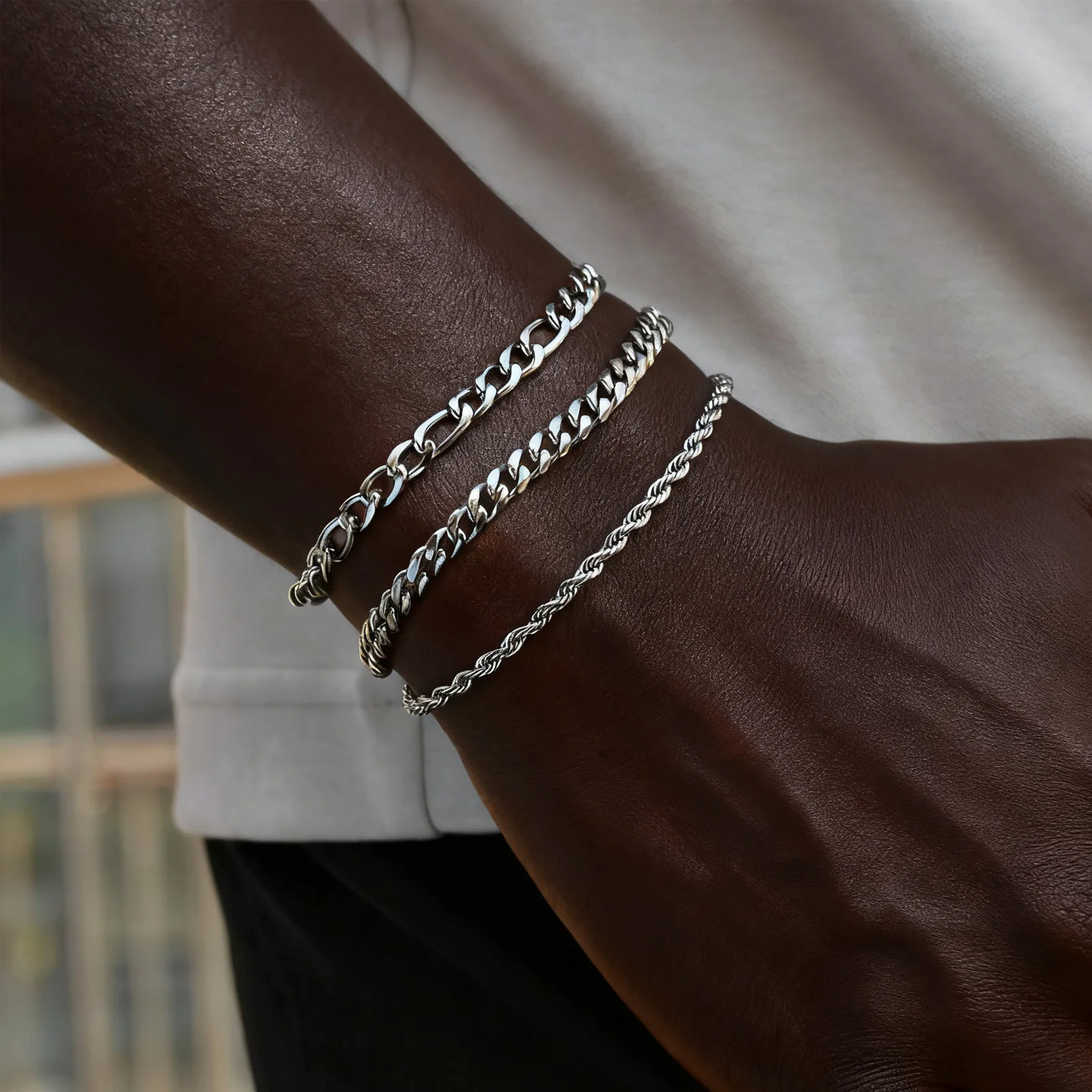 3pcs Men's Chain Bracelet,Never Fade Stainless Steel Cuban Chain Wristband,Casual Simple Silver Color Chains Jewelry Gift