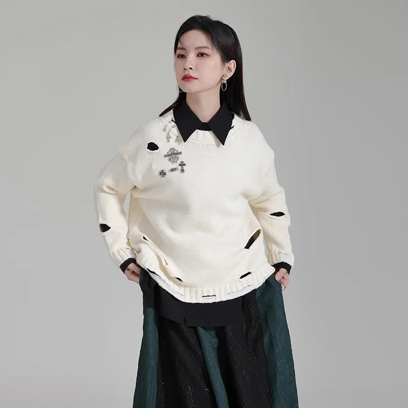 

Retro Heavy Industry Ripped Sweaters Women Autumn Winter Loose Knitwear Layered Chic Knitted Tops Pullover Round Neck Jumpers