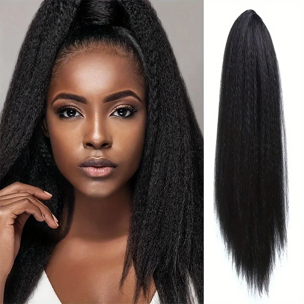 

22inch Yaki Straight Ponytail Long hair extensions Synthetic wig Drawstring Ponytail clip-in Adjustable Black Women Daily Use