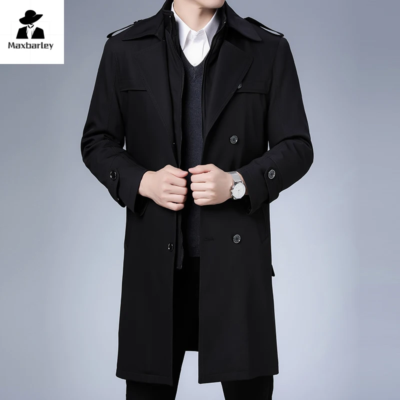 Thickened British Windbreaker Men's Long Knee-length Warm Coat For Winter Men's Detachable Wool Liner Double-breasted Jacket