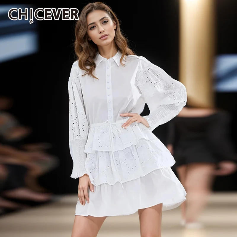 

Повседневные однотонные платья CHICEVER для женщин с отложным воротником и рукавами-фонариками с высокой талией в стиле пэчворк на шнуровке элегантное мини-платье Женская одежда Новинка
