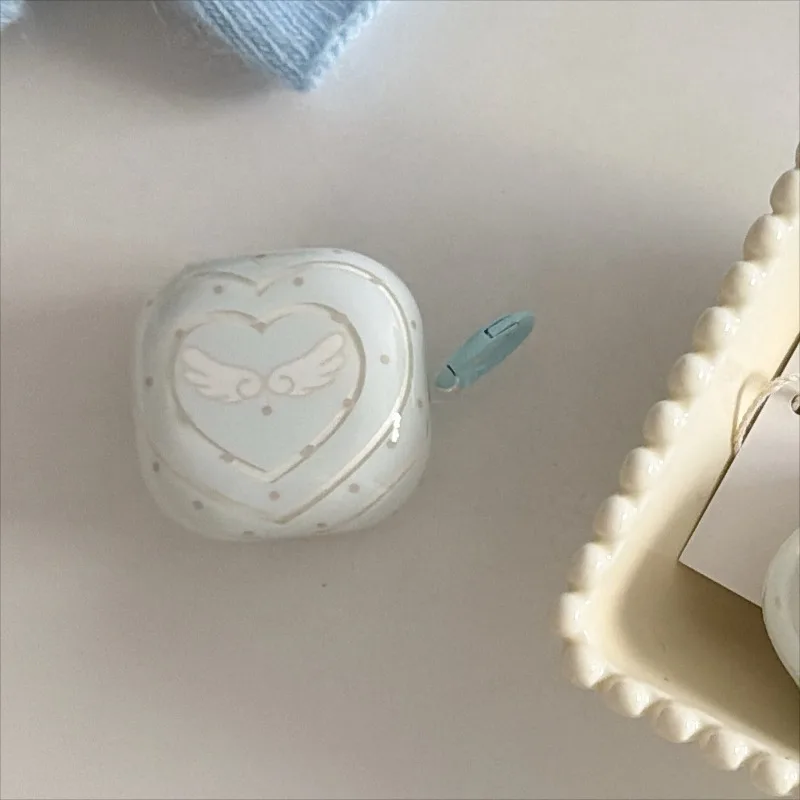 Blue Transparent Heart Vortex Protective Earphone Case with Pendant and Wings