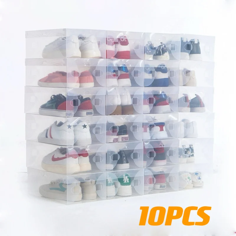 

10pcs Foldable Shoe Box Dustproof Storage Boxes Stackable Combined Shoe Cabinet Transparent Drawer Case Plastic Shoes Organizer