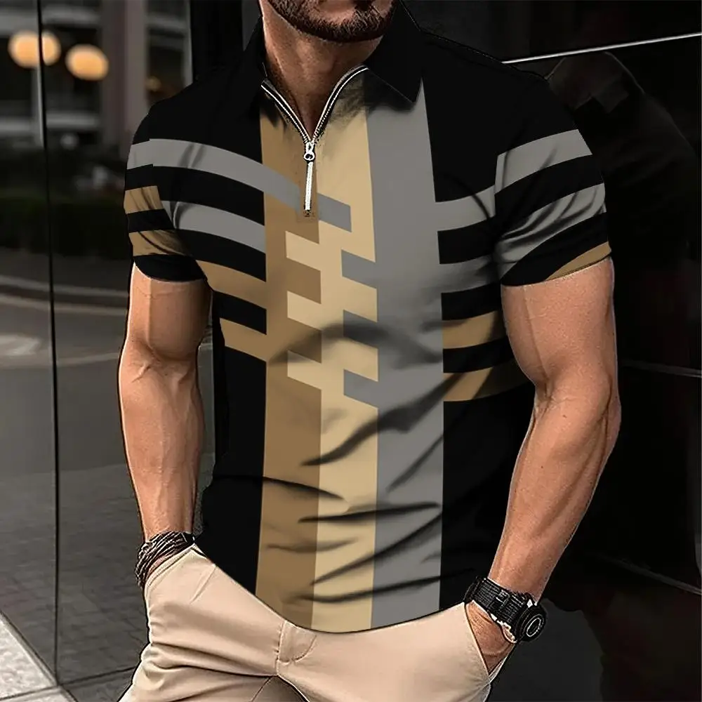 

Summer Men's Polo Shirt Casual Short Sleeves Tops Stripe Pattern Print Button T Shirt Loose Clothes Fashion Business Golf Shirts