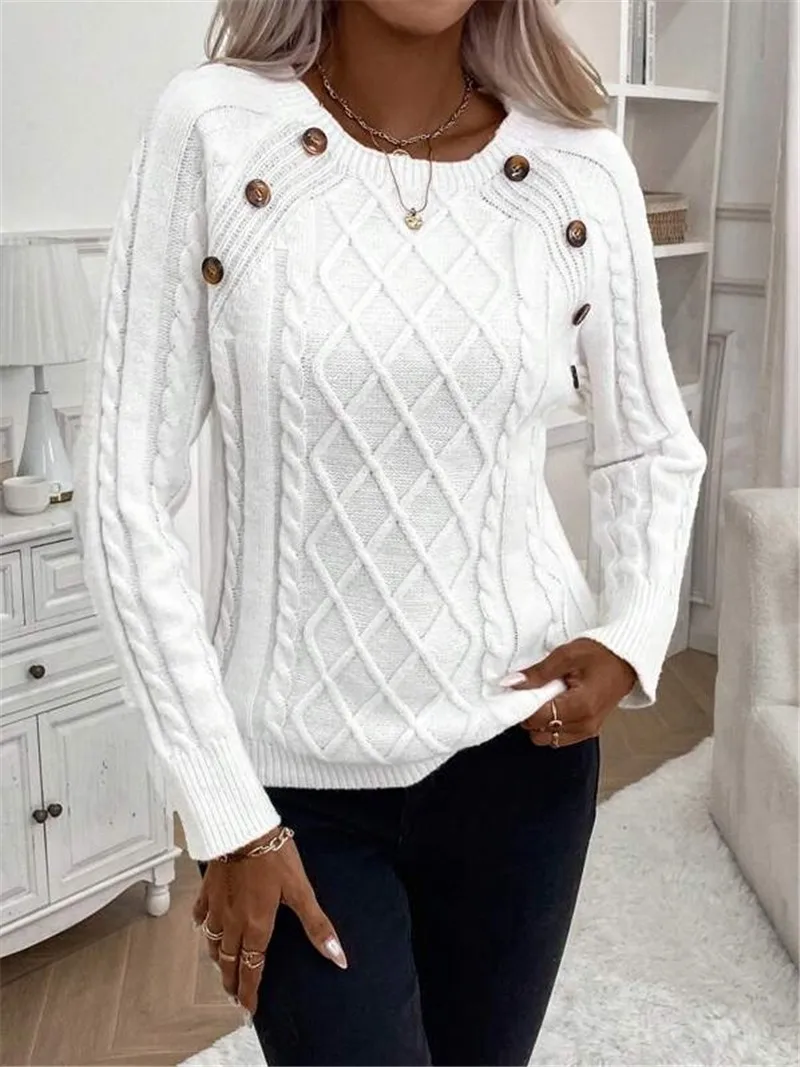 Autumn Winter Knitted Sweater round Neck Long Sleeve Turtleneck Knitwear Button Design Shoulder Insertion Twist Flower Pattern 1 Autumn Winter Knitted Sweater round Neck Long Sleeve Turtleneck Knitwear Button Design Shoulder Insertion Twist Flower Pattern 1