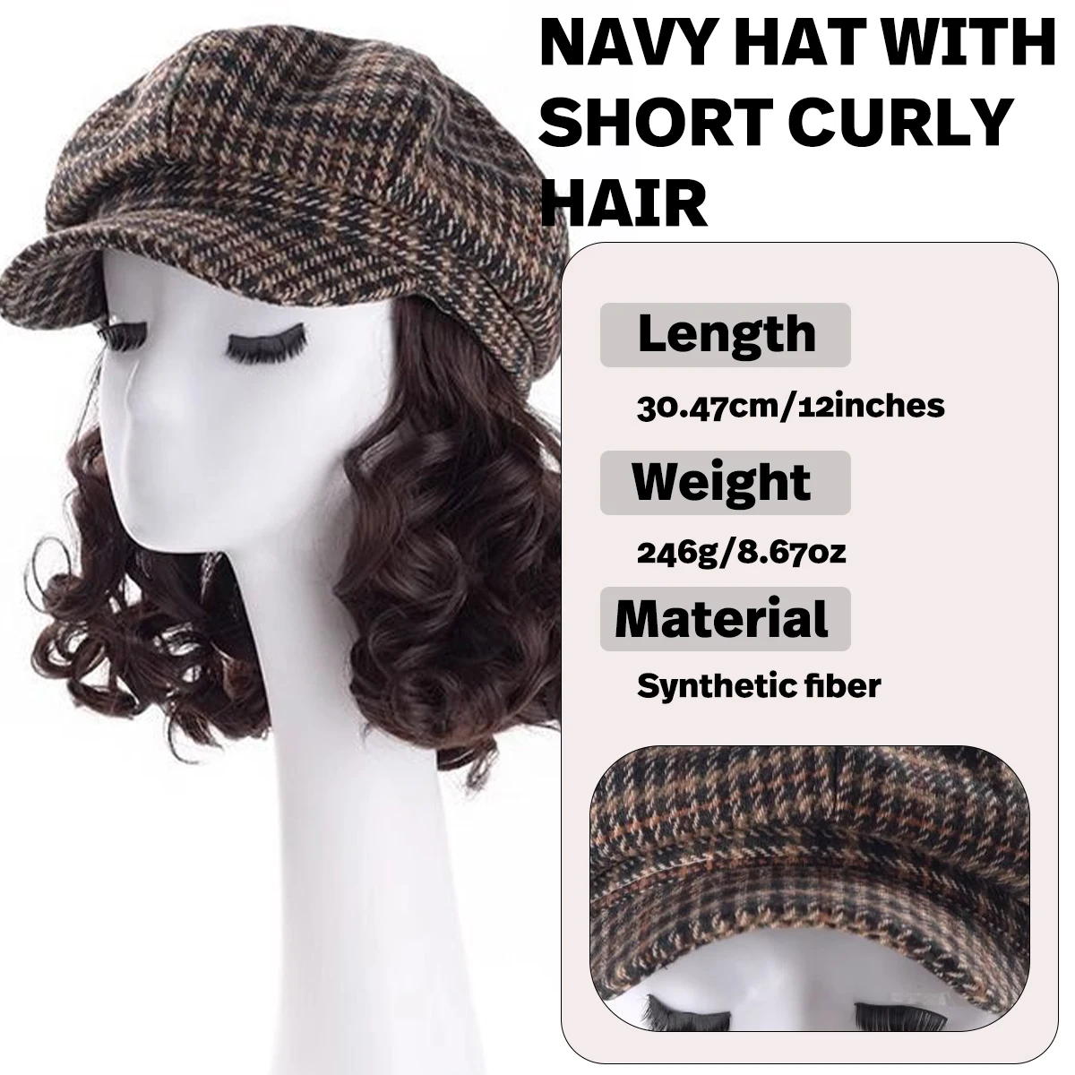 12-inch synthetic all-in-one hat wig women's navy hat winter warm short curly hair heat-resistant wig brown