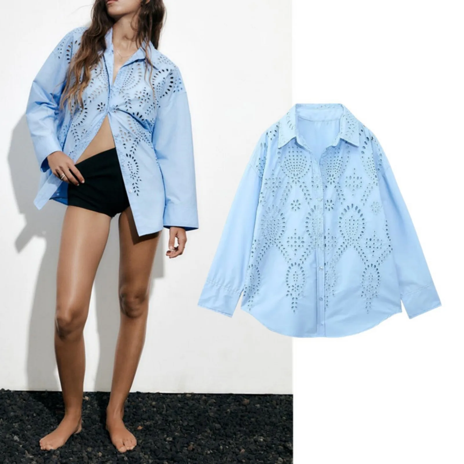 

Traf Elegant and Youth Woman Blouses Embroidery Casual Vintage Office Lady Long Blue Sleeve Top Y2k Fashion Top Female Summer